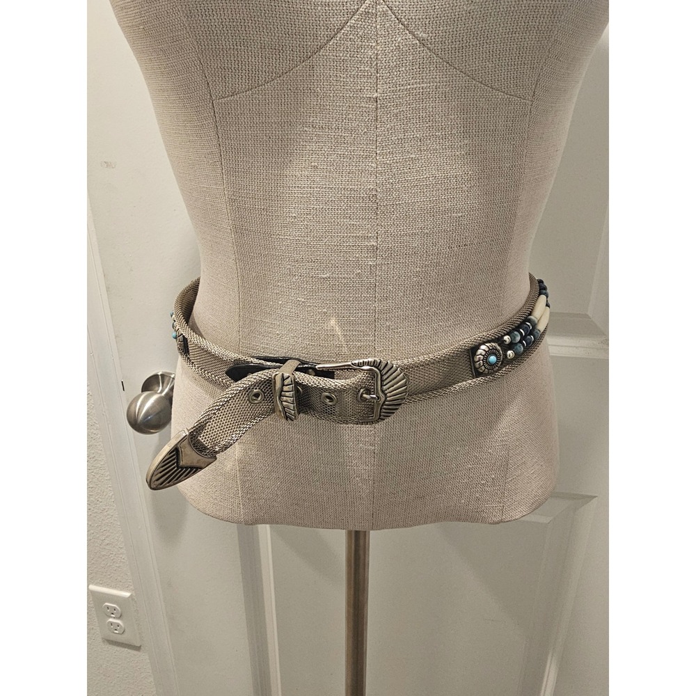 Silver Mesh Belt Blue White Beaded Western Style Southwestern Detail